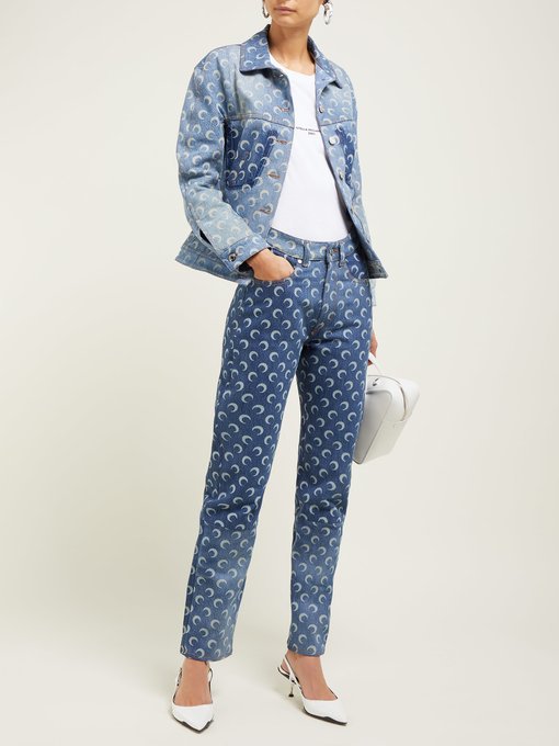 

2020 Spring Summer Women's Printed Moon Pattern Slim Panel Crescent Ankle-lenght Jeans Pants, Blue