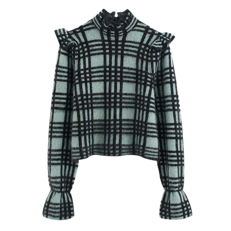 

Women Sweater Fashion Turtleneck Long Sleeve Flare Sleeve Plaid Casual Sweater FFZSY547, As pic