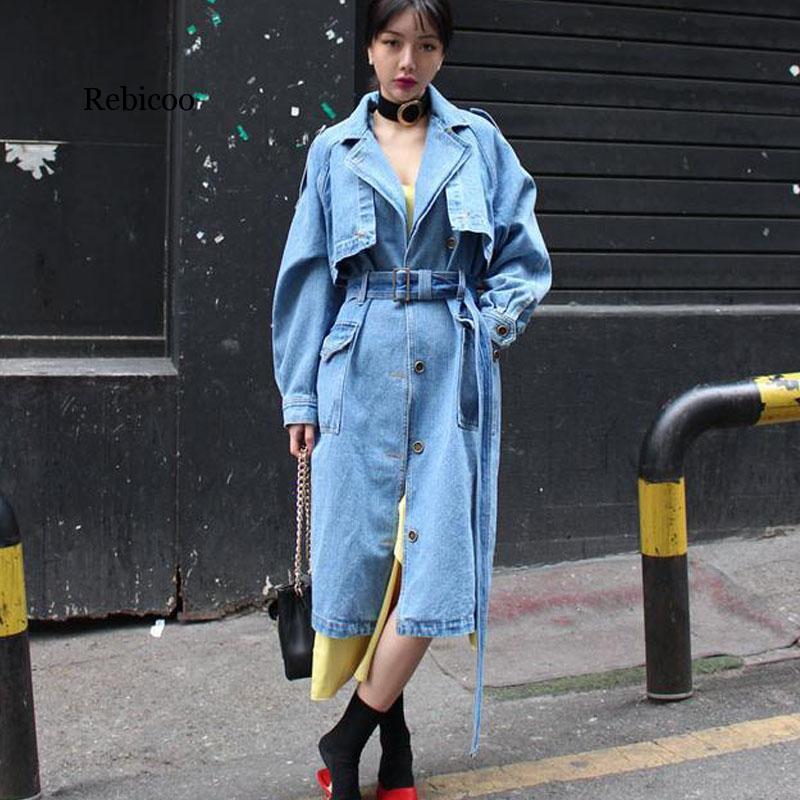 

Spring -XL Plus Size Korean Long Denim Coat For Womens Belted High Street Loose Casual Autumn Jeans Trench Coat Outwear, Blue