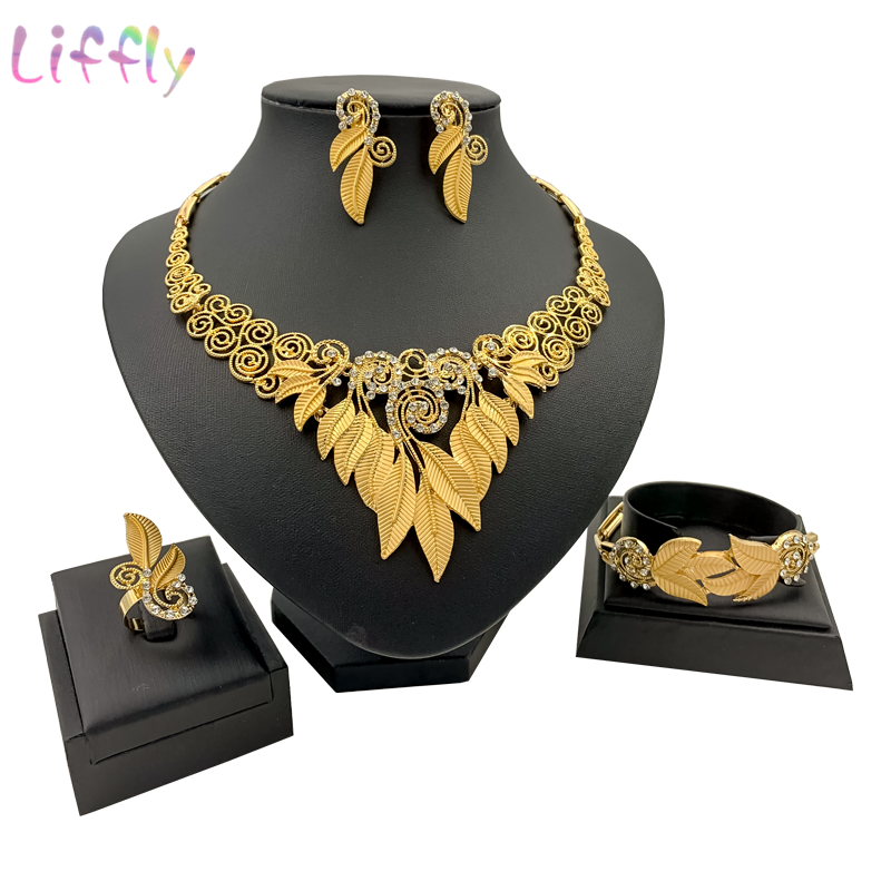 

Fashion African Jewelry Set Trendy Hollow Rose Embellished Crystal Gold Necklace Earrings Bracelet Ring Wedding Women, As pic