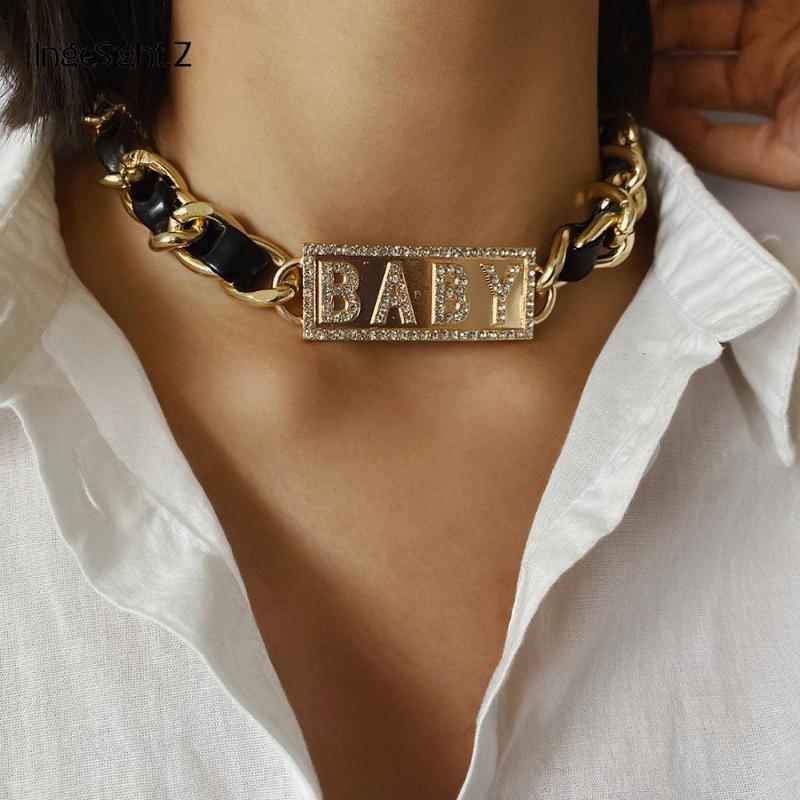 

IngeSight.Z Punk Curb Cuban PU Leather Choker Necklace Crystal Letter BABY Square Pendant Necklace for Women Jewelry Gift