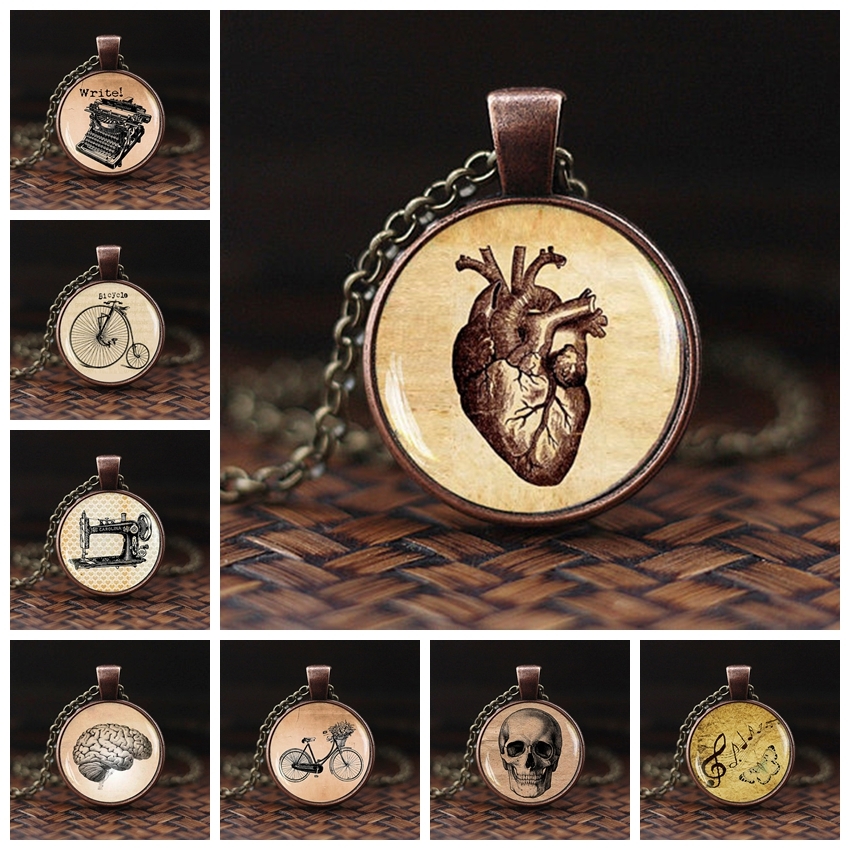 

Anatomical Heart Necklace Vintage Jewelry Anatomy Heart Glass Dome Cabochon Pendant Bronze Long Chain Necklace Women