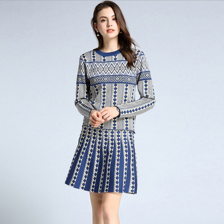 

Bohemian Women' Geometric Wavy Striped Thin Sweater and Skirt Women' Two-piece Suit Summer Knit Tops and Skirts Two-piece Suit, Black