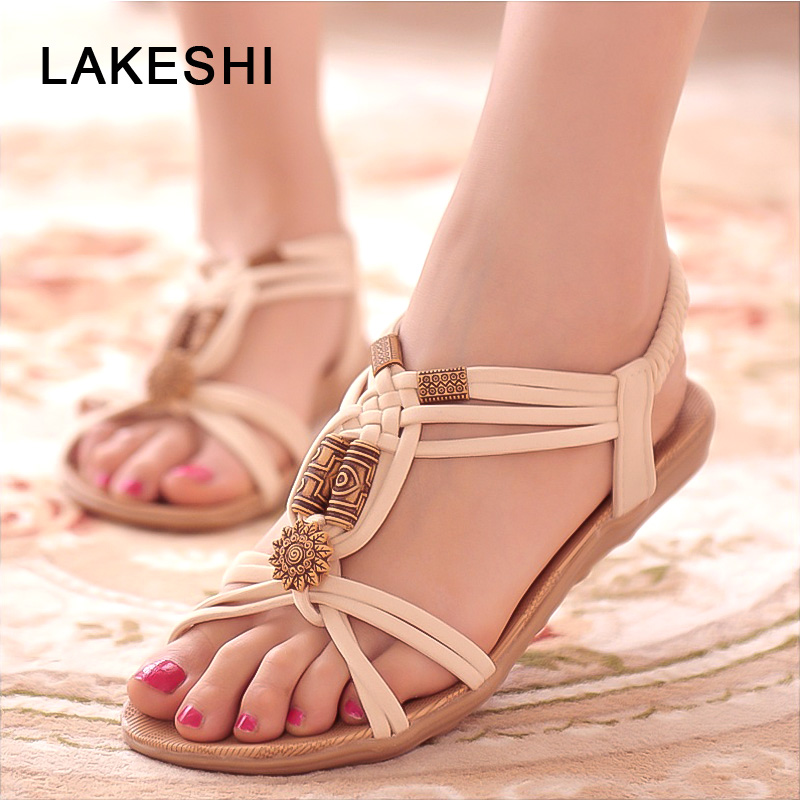 

LAKESHI Women Sandals Behomian Beach Summer Women Shoes String Bead Flat Sandals Wedge Retro Ladies 2019, Flat heel black