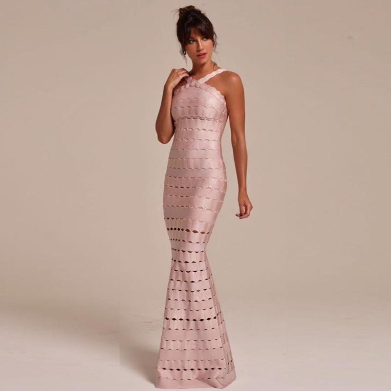 

Halter Bandage Dress High Quality Sexy Women Celebrity Nightclub Elgant Lady Bodycon Evening Party Long Dresses Wholesale, Pink