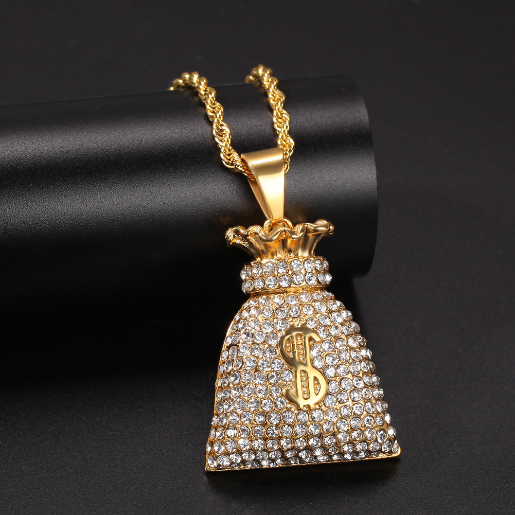 

Stainless steel diamond-encrusted us dollar bag gold-plated necklace INS hipster personality pendant