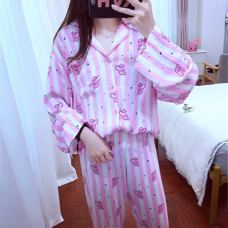 2STÜCKE Frauen Langarm Pyjama Set Lose Nachtwäsche Nachtwäsche Lässige Home Suit