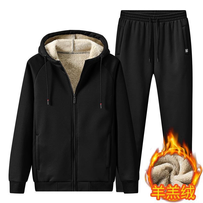 

Winter Man Leisure Suit Lamb Velvet Unlined Upper Garment Loose Coat Pants Thickening Increase Keep Warm Motion Suit 2pcs Sets, Black