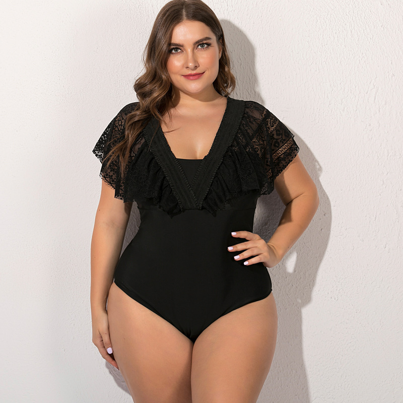 

Black Lace Large Size Swimsuit 5XL One Piece Swimsuit Sexy Women Bikini 2020 New Hollow Straps Swimwear Beachwear Bathing Suit Y200319