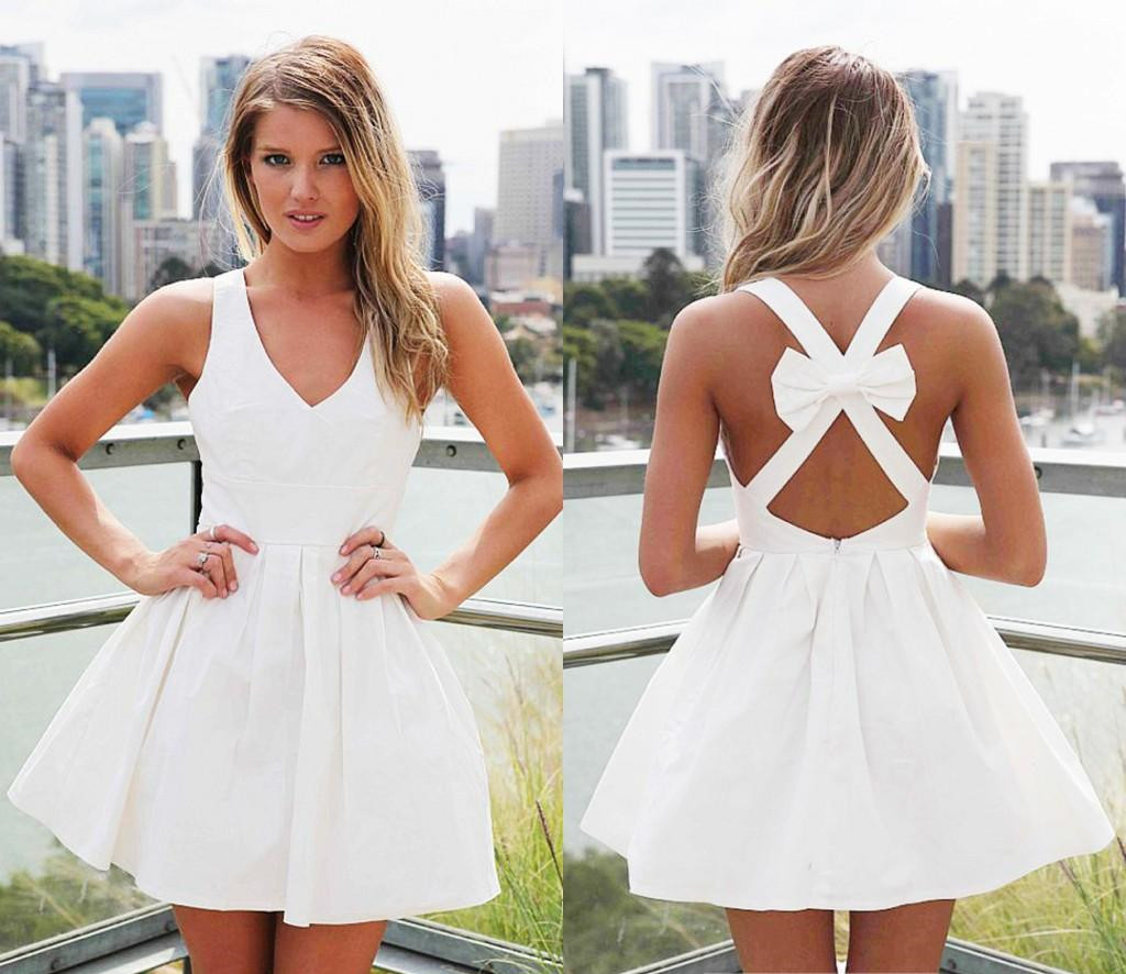 

White Short 2019 Cocktail Dresses V Neck Sleeveless Party Dress Sexy Criss-Cross Bow Backless Homecoming Prom Gowns B23, Brown