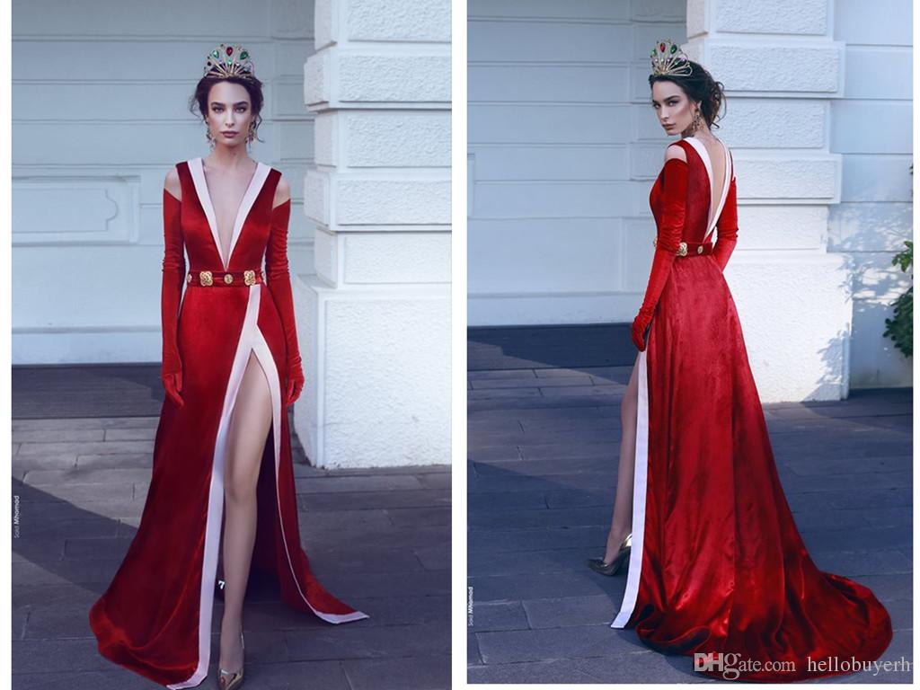 

Mermaid Red Velvet Long Sleeve V Neck Elegant Prom Evening Formal Dresses Long Side Cuts 2018 special occasion Red Carpet Celebrity Dresses, Fuchsia