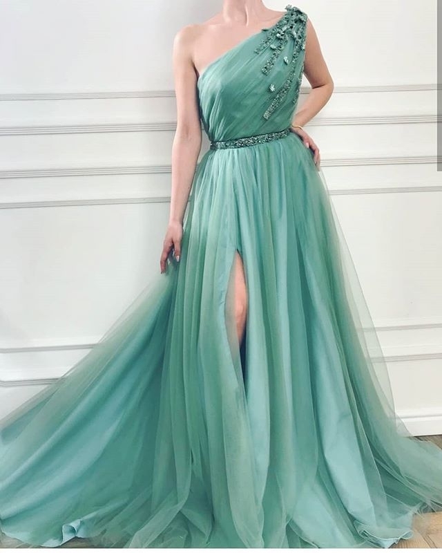 

Turquoise Blue Satin Evening Dresses Long Leg Split Slit Evening Gowns Pleats Beaded Charming Formal Party Dress Long, White
