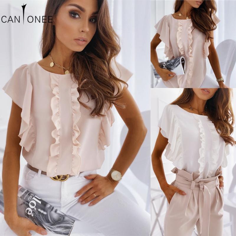 

CANTONEE Women 2020 Summer White Pink Blouse Shirts Casual Pullover Blusas Ladies Sleeveless Chic Lace Ruffles Chiffon Tops T67, Camel