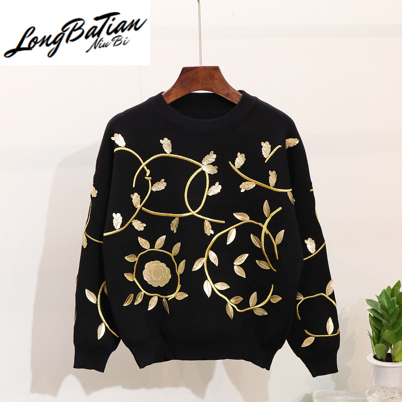 

Knitted Set Female Autumn Winter Embroidery Golden Leaf sleeve Sweater Long Pants Ladies Tracksuits Loose Two Piece Outfits, Black