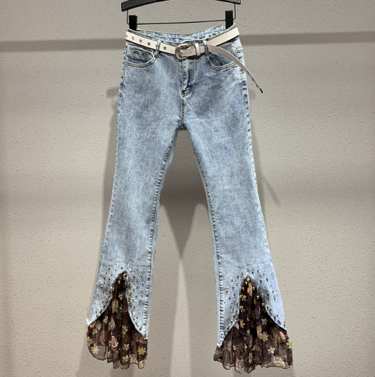 

Flare Jeans Women' 2020 New Spring Autumn Slim-Fit Bell-Bottoms Beaded Floral Print Cropped Pants Jean Pants Girls Ladies Jeans, Not include belt
