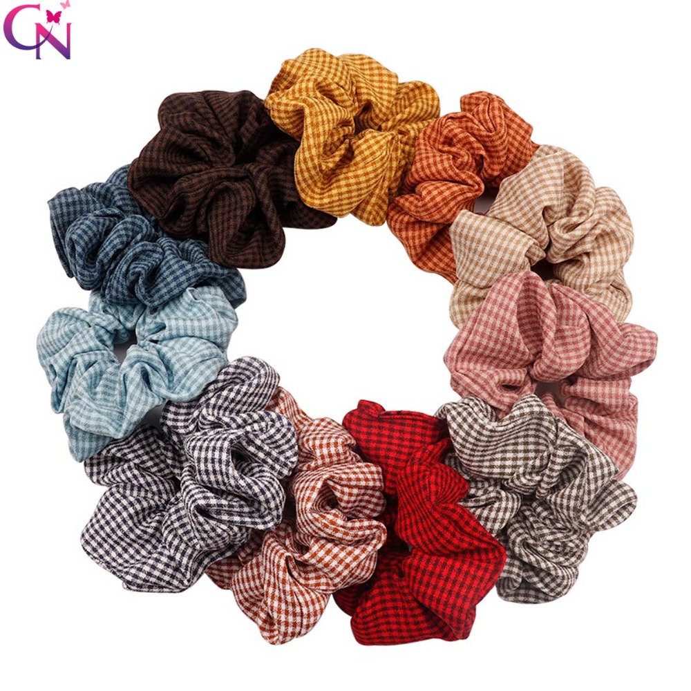 

Winter Printed Plaid Scrunchies For Ponytail Holder Elastic Wide Rubber Band For Lady Vintage Hair Tie Hair Rope Gum