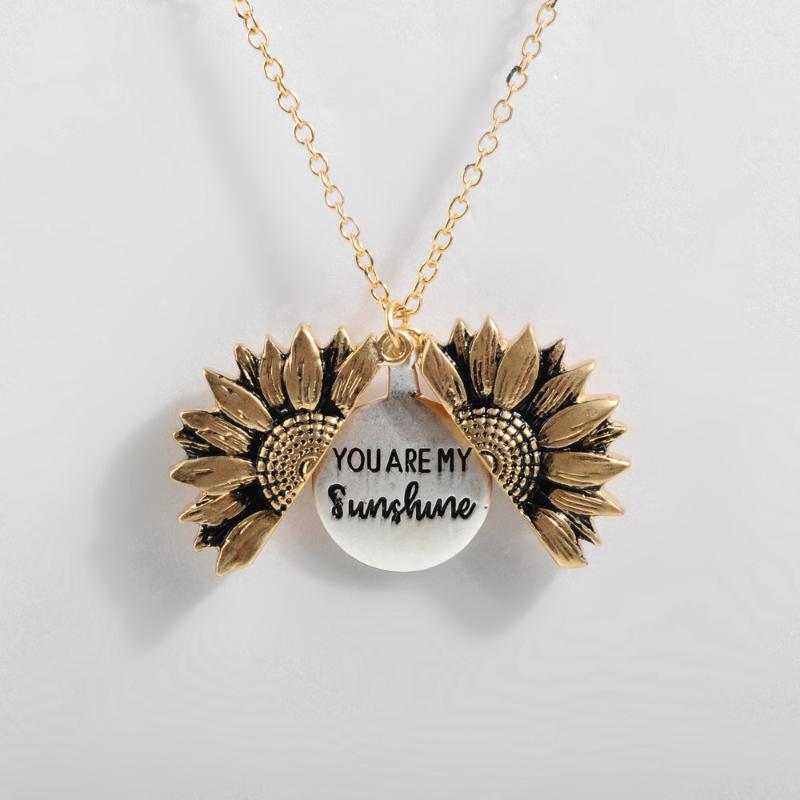 

Dropshipping Vintage Boho Sunflower Pendant Necklace Women Ethnic Double-deck Alloy Open Engrave letter Lover Necklaces