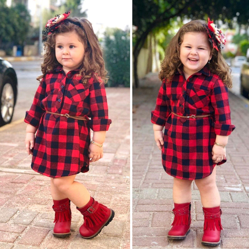 

Spring Summer Girl Kids Clothing Elegant Long Sleeve Plaid Print Turn Down Collar Design Girl dress +Belt Girl Elegant Dressess, Red;yellow
