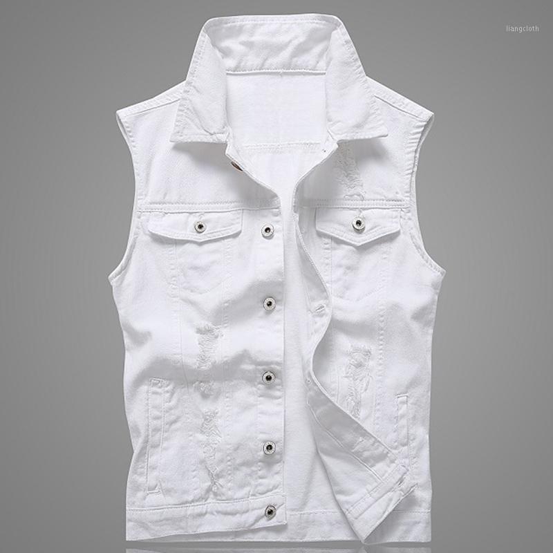 Trou Denim Gilet Hommes Blanc Jeans Gilet Solide Rock Gilets Pour Hommes Modes D'été Veste Sans Manches 5XL Punk Biker Ripped1