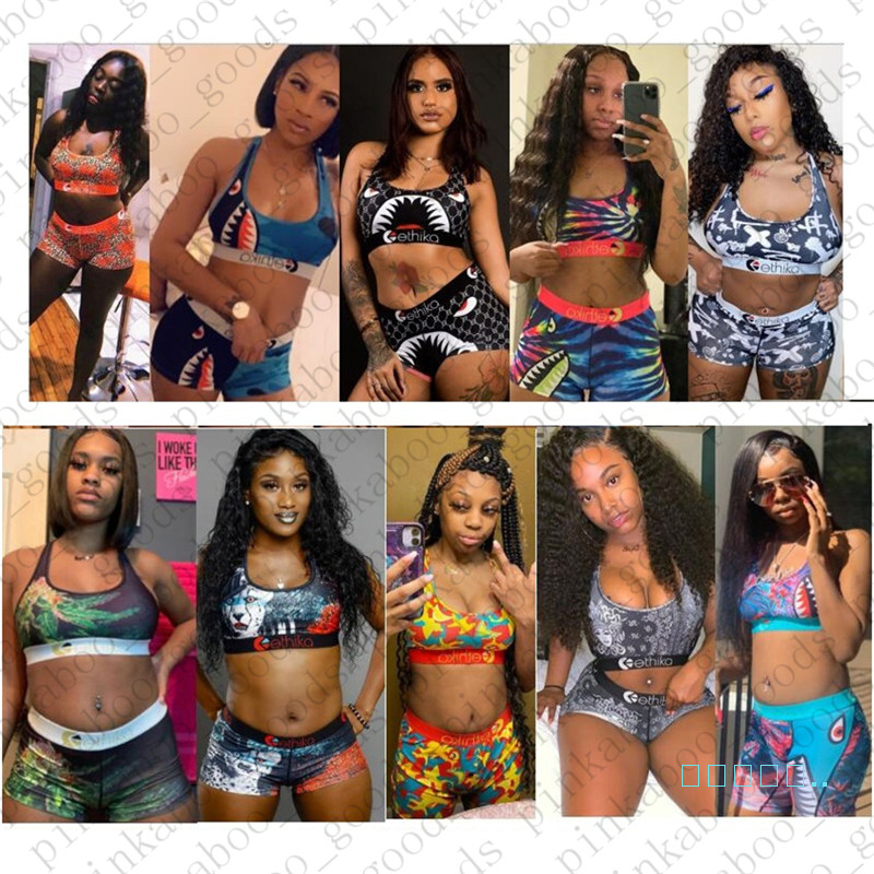Women Design Swimsuit 2 piece Bikini Set Vest Tank Top Bra and Shorts Swimming Suit Fashion Shark Swimwear Sexy Beachwear E42401
