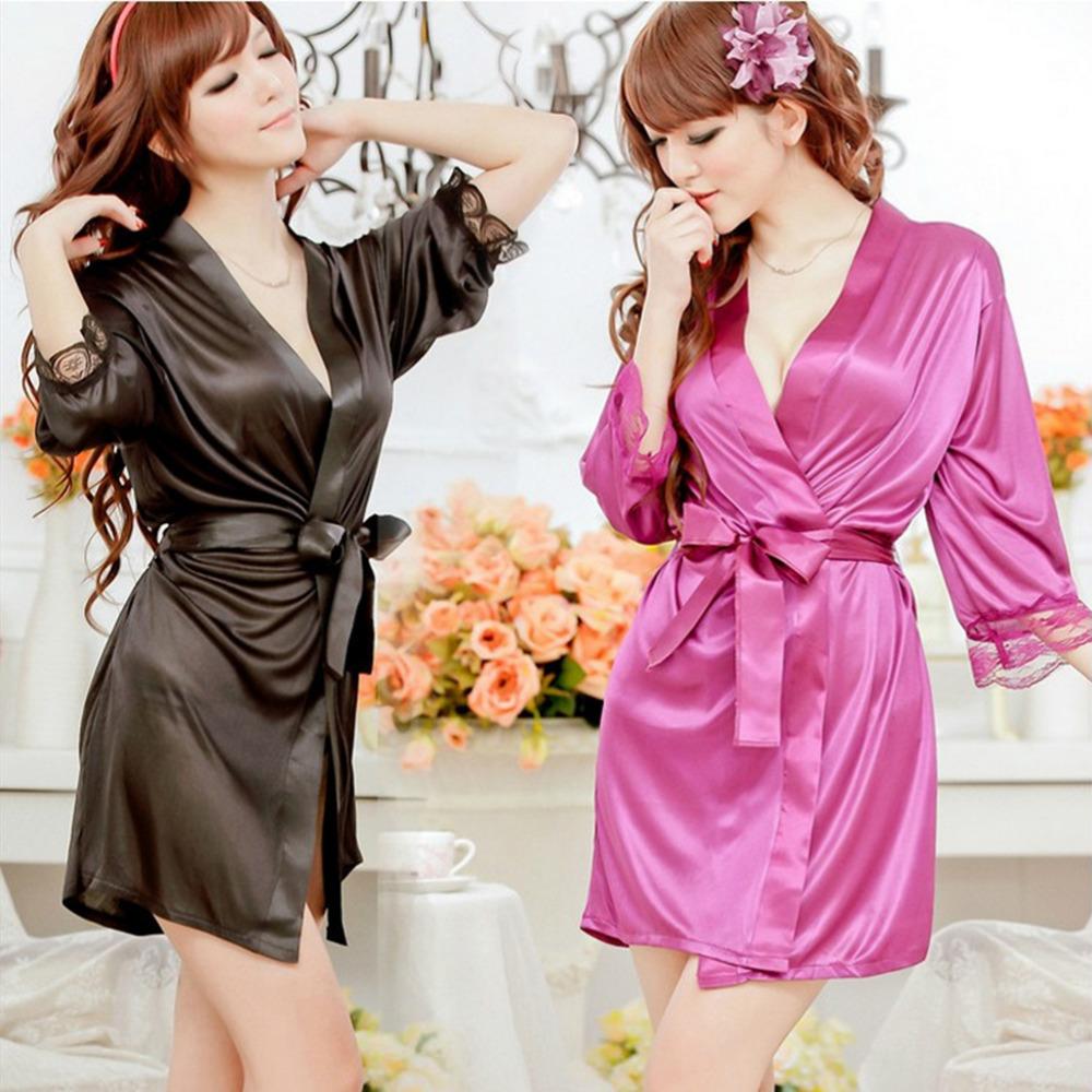 

Women's Sleepwear Sexy Lingerie Satin Lace Kimono Intimate Robe Night Gown Women Underwear 5 Colors, Black