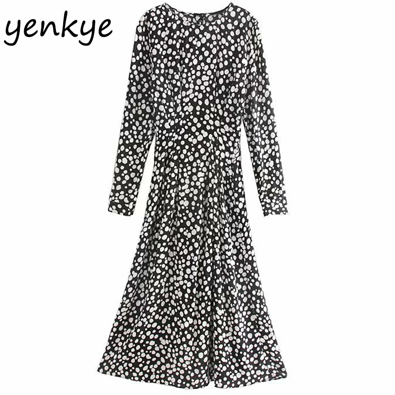 

Autumn Dress Women Vintage Printed Long Maxi Dress Long Sleeve O Neck Elastic Waist A-line Casual OZZ9353, As pic