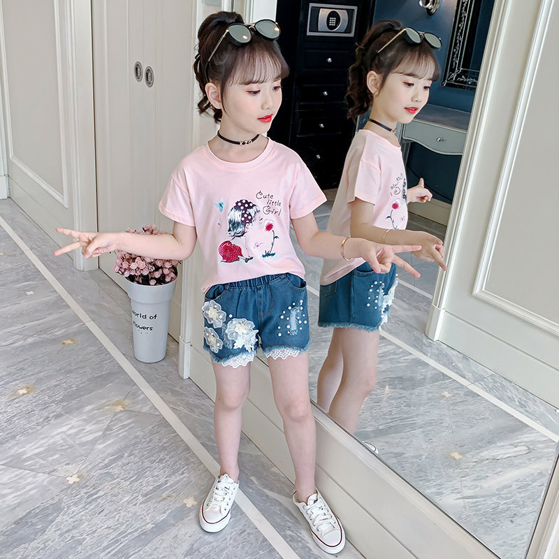 

Baby Girls Clothes Set Floral Printed Short Sleeve T-shirt Top + Denim Shorts 2 PCS Girl Cute Floral Set of Clothes for Teens, Pink