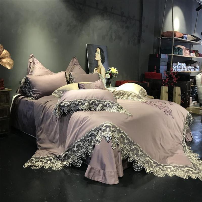 

J 4 4/7pcs Light purple Lace Embroidery Egyptian cotton Royal Princess Wedding Bedding Set Duvet Cover Bed sheet Pillowcases