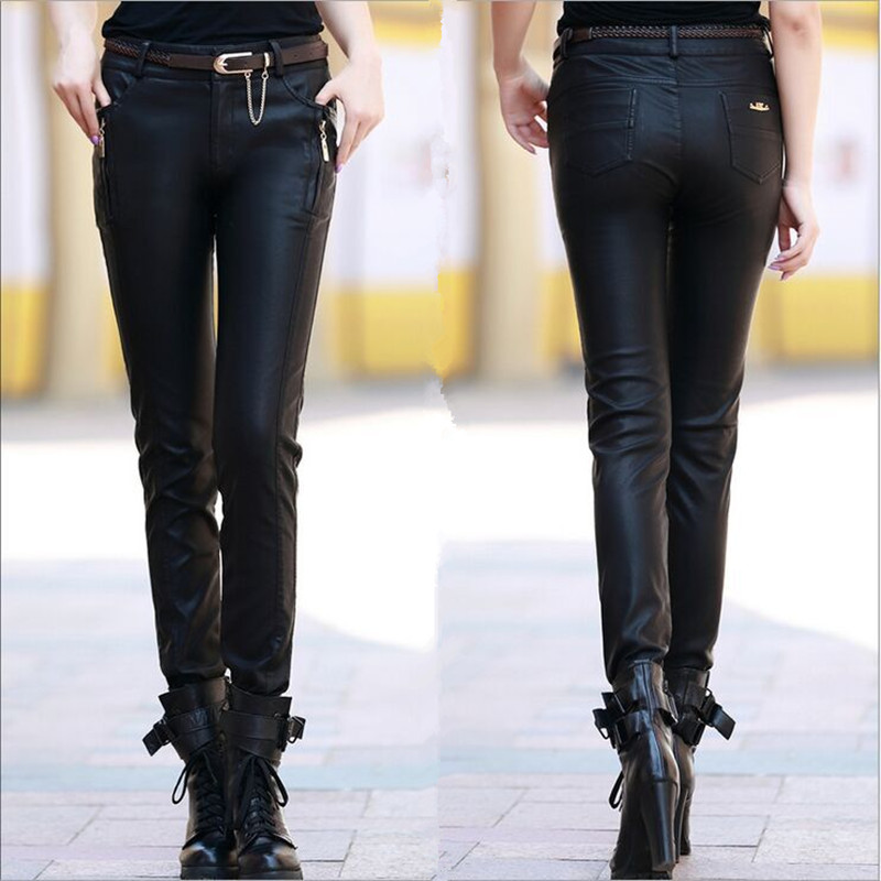 

Black -5XL Women Plus Size Leather Pants Fashion Slim PU Trousers Female Autumn & Winter Elasticity Pants, Black with belt 02