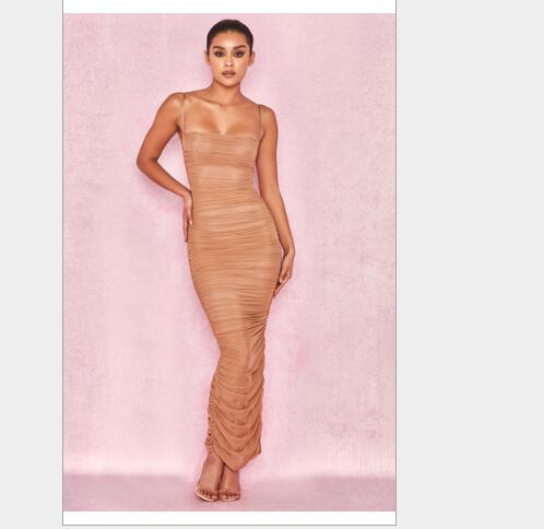 

strap ankle-length lace slit party sexy evening pub dress celebrity low bosom summer women bandage dresses, Champagne