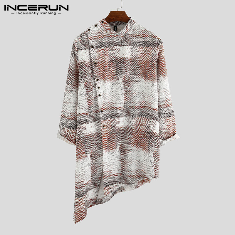 

INCERUN Men Shirt Clothes Vintage Printed Long Sleeve 2020 Streetwear Mens Kurtas Button Muslim Irregular Long Shirts 3XL, Gray