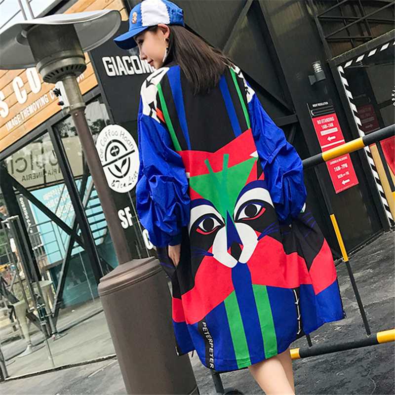 

Windbreaker Autumn New Multicolor Spring Women Fashion Jacket Plus Size Loose Long Outwear Lantern Sleeve Print Coat Female H232, Blue