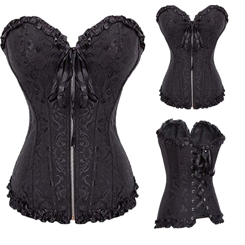 

Women Halloween Zipper Bustier Top Corset Sexy Boned Waist Trainer Corset Overbust Brocade Plus Size Waspie Black, As pic