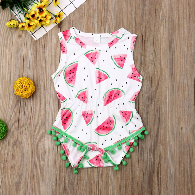 

2020 Baby Summer Clothing Newborn Kids Baby Girl Watermelon Romper Sleeveless Tassel Balls Sunsuit Casual Playsuits Outfits, As pic