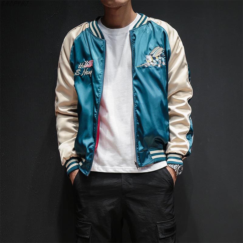 

Men Souvenir Jacket Streetwear Hip Hop Baseball Jacket Two Sides Luxury Embroidery Bomber Smooth, Blue