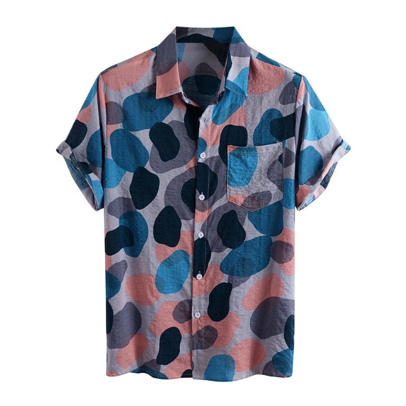 

Summer Men Beach Shirt Geometric Dots Print Short Sleeve Lapel Neck Button Leisure Hawaiian Shirts Men 2020 Streetwear Tops, Blue