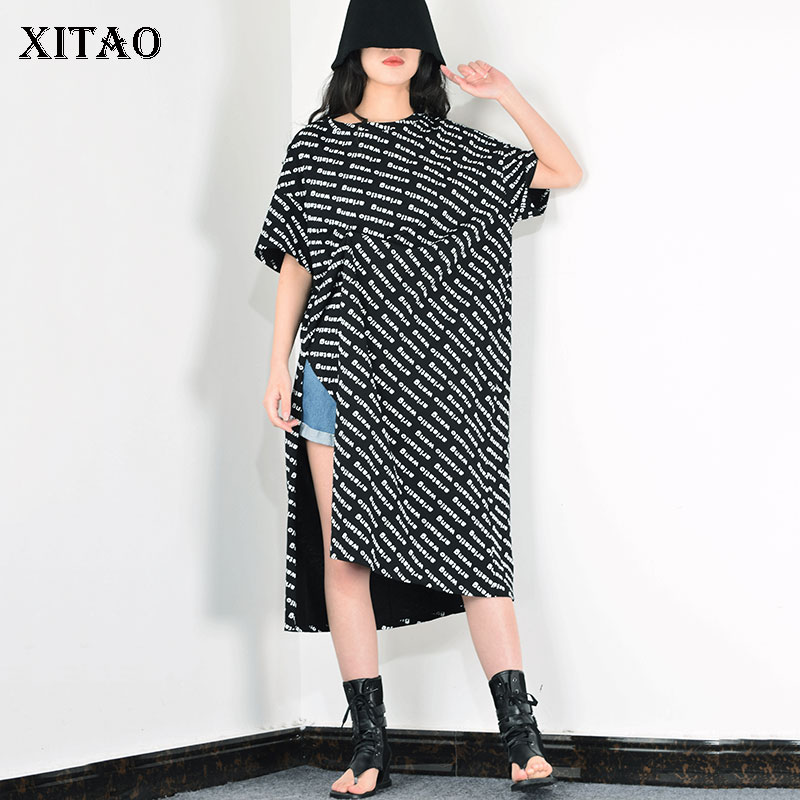 

XITAO Trend Plus Size T Shirt Women Fashion Alphabet Print Tee Loose Split Long Tshirt Wild Streetwear Women Tops Summer DMY3172, Green dmy3172