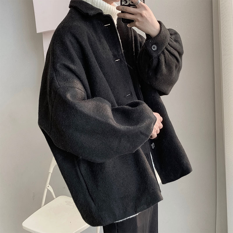 

Fashion Men Wool Blends Coat Lapel Black White Single Breasted Loose England Style Male Woolen Mens Coat K076