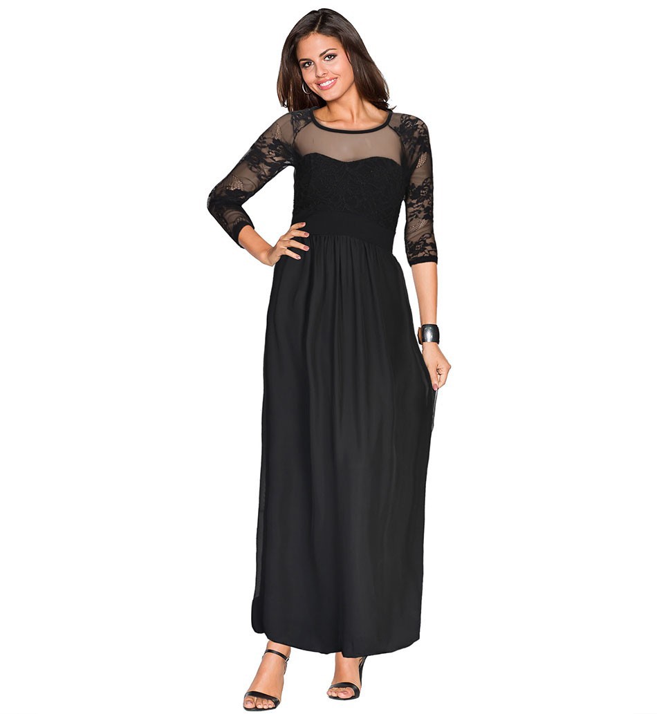 

O Neck Lace Dress Women Ankle-Length Women Dresses Fit and Flare Vestidos, Black