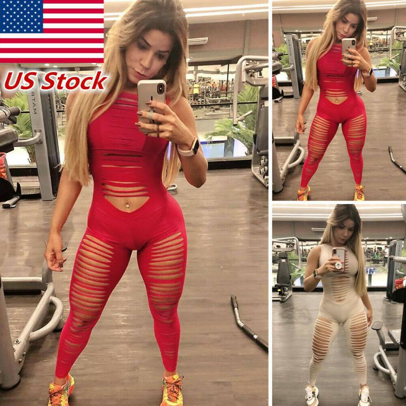 

Hot 2020 Sexy Jumpsuit Sleeveless Hollow Out Women Skinny Solid O-Neck Clubwear Summer Sport Playsuits Beach Romper Party Lady, Khaki