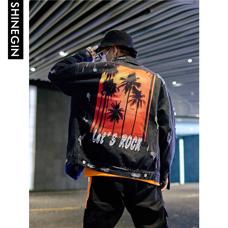 

SHINEGIN Coconut palm denim outerwear coat men clothing urban streetwear hip hop jacket for men punk style jeans jacket 233W, Black