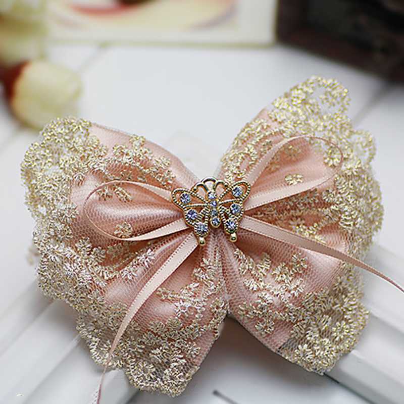 

Forwell women hair accessories satin golden lace bow hairpin headdress flower butterfly rhinestone barrettes wedding decoration