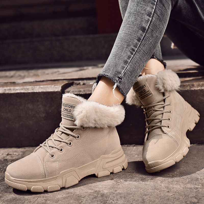

Hot Sale-Women Snow Boots Winter Fur Ankle Booties Female Warm Plush Suede Rubber Casual Flats Fashion Platform Ladies Shoes New Designer, Black
