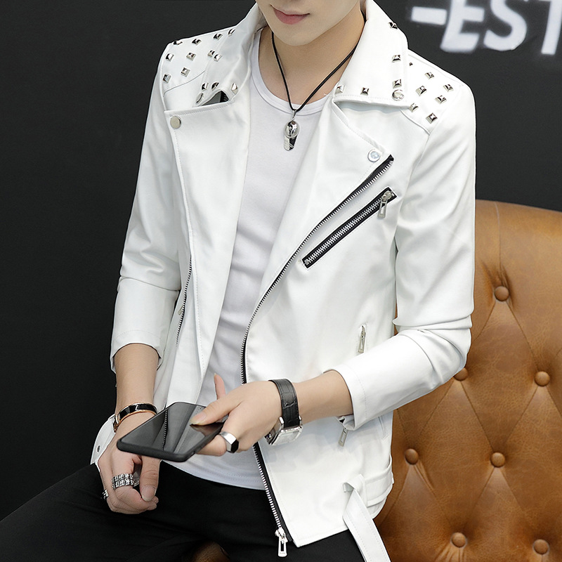 

2020 men personality thin leather coat lapels teenagers rivet inclined zipper handsome locomotive PU leather, Black
