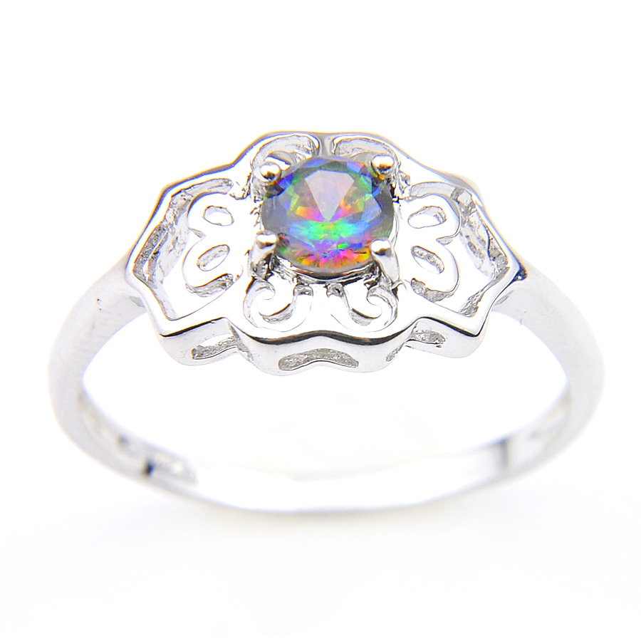

Luckyshine Rainbow Fire Mystic Topaz Gems Rings 925 Silver Flower shape Decorative Border Rings For Women Jewelry R0286