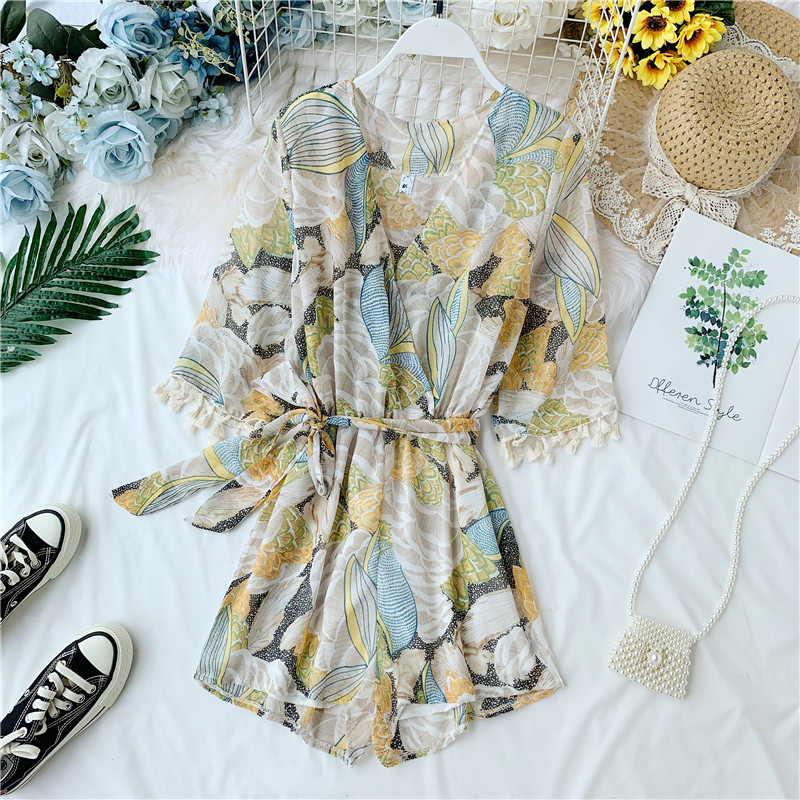 

Holiday Sea Beach Style 2020 New Chiffon Tassel High waist Shorts Jumpsuit Women Casual Slim Romper, Pink