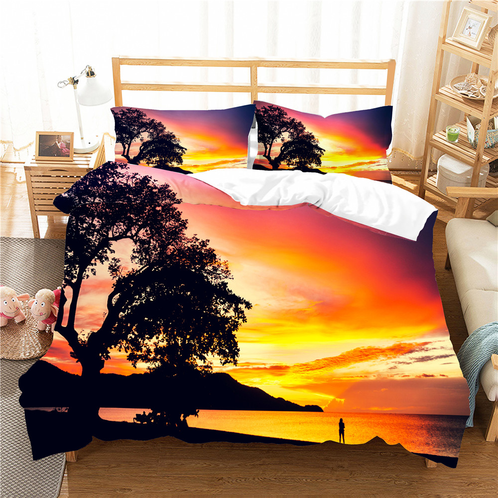 

Bed Cover Home Textiles Bedding Clothes Sunset Scenery Pattern Bedroom Coverlet with Pillowcase King Single Queen Size Bed Linen