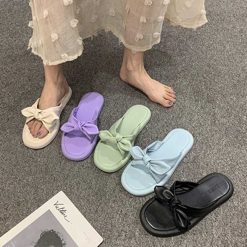 

Sandals and slippers female 2020 summer new fairy style fashion bowknot thick bottom wild students wear beach sandals, Beige
