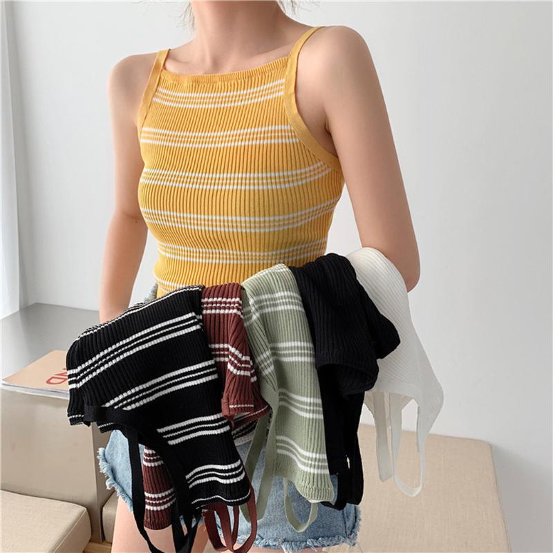 

Sexy Knitted Stripe Print Tank Tops Women O-Neck Sleeveless Vest strap Top Summer Ladies Slim Camis Top camiseta tirantes mujer, Black