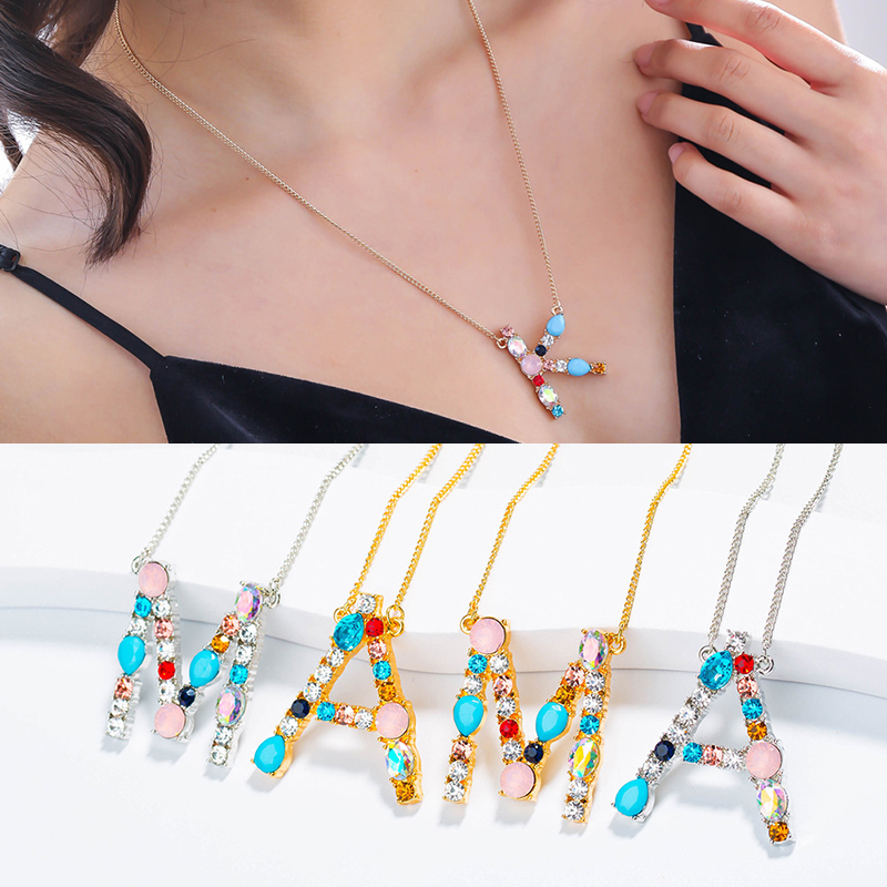

New 26 Letters Initial designer Necklace For women Rainbow Cubic zirconia CZ diamond Alphabet Pendant Gold Silver chains Disc Jewelry